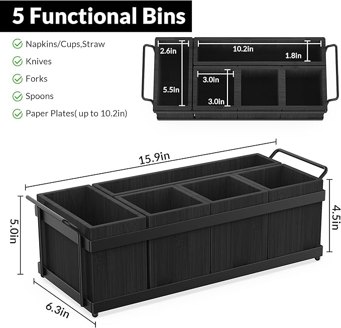 Silverware Caddy for Party, Utensil Caddy with 5 Removable Bins, Bamboo Holder for Organize Plastic Silverware, 7" to 10" Paper Plates, Napkins - Black