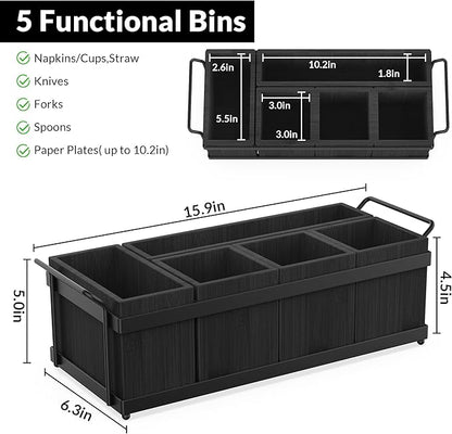 Silverware Caddy for Party, Utensil Caddy with 5 Removable Bins, Bamboo Holder for Organize Plastic Silverware, 7" to 10" Paper Plates, Napkins - Black