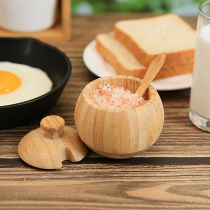 Bamboo Salt Cellar with Lid and Spoon, 1/2 Cup Wooden Spice Box Storage Container for Kitchen and Restaurant Countertop, Organizes Himalayan Pink, Kosher, Sea Salts & Herbs