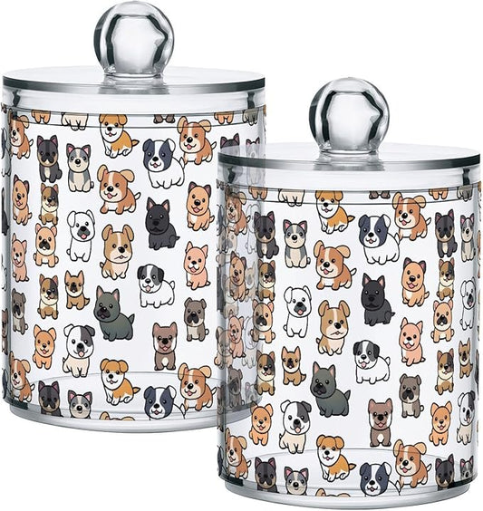 ALAZA 2pcs Lovely Dog Puppy Animal Qtip Holder Dispenser 14 oz Bathroom Storage Clear Apothecary Jars Containers Cotton Ball,Cotton Rounds,Floss Picks, Hair Clips, Food