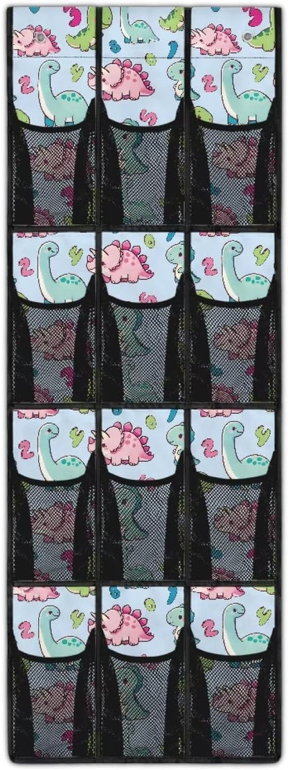 12 Pockets Over The Door Shoe Organizer Mesh Fabric Behind Door Organizer for Kids Room Dinosaurs Shoe Holder Hanger Space Saving Wall Hanging Storage for School