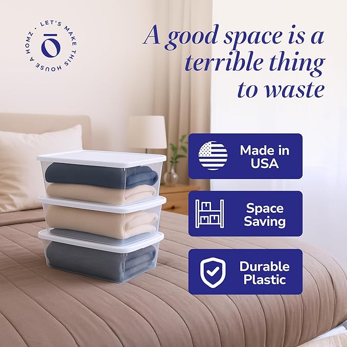 HOMZ 10-Pack Snaplock, Small Clear Plastic Storage Organizer Bins w/ Lids, 6 Quart, White - Stackable Container Boxes for Bedroom, Bathroom, Garage, and Office Organization