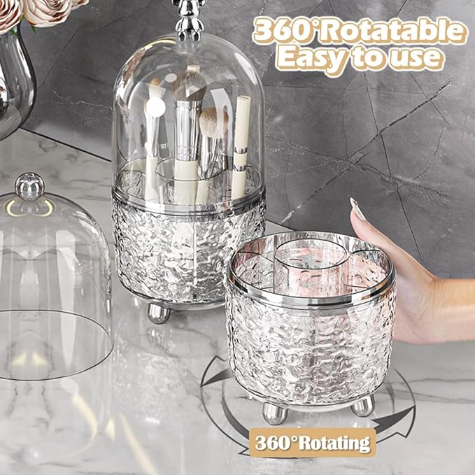 Makeup Brush Holder Organizer with Lid, 360°Rotating Dustproof Makeup Brushes Organizer, 4 Compartment Make Up Brushes Cup for Vanity Desktop Bathroom Countertop (Transparent)