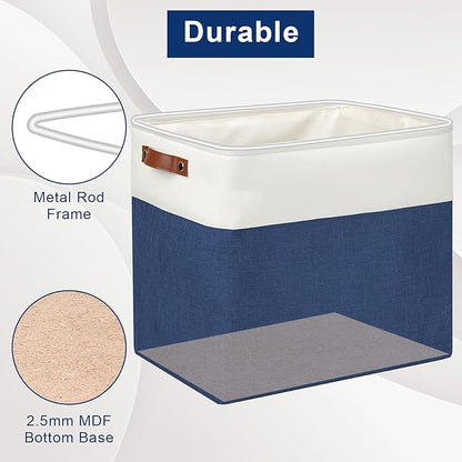 Bagnizer Large Fabric Storage Baskets | 50L Storage Bins, Decorative Linen Closet Baskets with Handles for Organizing, Shelf, Toys, Clothes, Home, Office, Nursery, 17x12x15Inches (Navyblue&White)