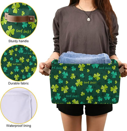 Bolaz Large Storage Basket St Patrick Day Shamrocks Clover Lucky Leaf Foldable Storage Box Organizer Bins with Handles for Bedroom Home Office