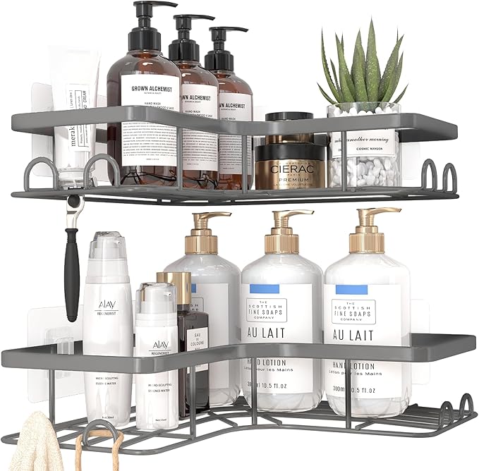 Sakugi Corner Shower Caddy - 2 Pack, Adhesive Shower Organizers, Rustproof Stainless Steel Shower Shelves with 8 Hooks, No Drilling Bathroom Organizers and Storage Racks, Space-Saving, Grey, Large