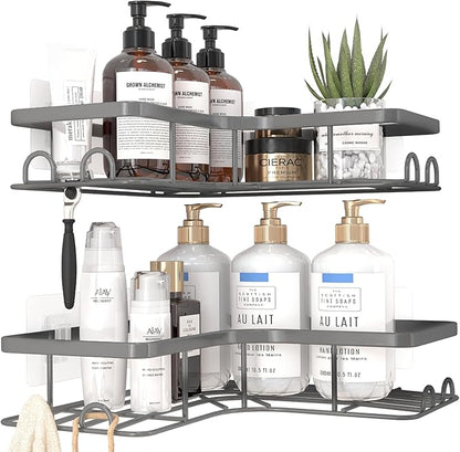 Sakugi Corner Shower Caddy - 2 Pack, Adhesive Shower Organizers, Rustproof Stainless Steel Shower Shelves with 8 Hooks, No Drilling Bathroom Organizers and Storage Racks, Space-Saving, Grey, Large