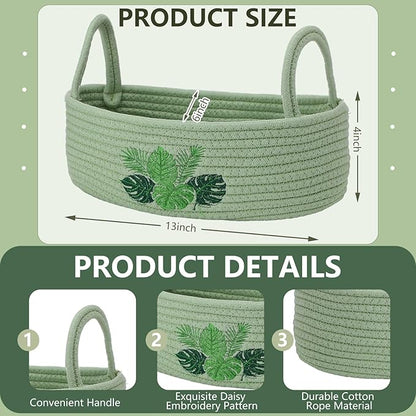 Vesici Palm Leaves Toilet Paper Basket Boho Woven Cotton Rope Bathroom Countertop Organizer with Handle Green Summer Tropical Monstera Bathroom Storage Decor for Bedroom Nursery, 13 x 6 x 4 Inch