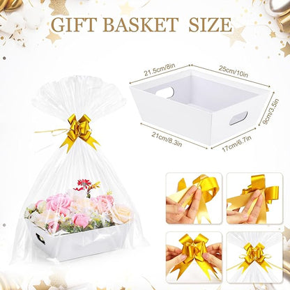 AFOROEOA 10PACK Baskets For Gifts Empty, 10 x 8”Thick White Gift Basket with 10 Clear Gift Bags and 10 Pull Bows, Empty Gift Baskets for Christmas, Thanksgiving Wedding Birthday Party Wrapping Gift
