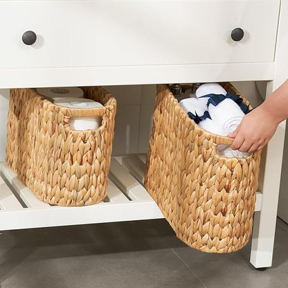 FairyHaus Wicker Toilet Paper Storage Basket with Buit-in Handles, 9 Rolls Natural Water Hyacinth Toilet Paper Holder Stand with Storage, Freestanding Handwoven Toilet Paper Holder Basket for Bathroom