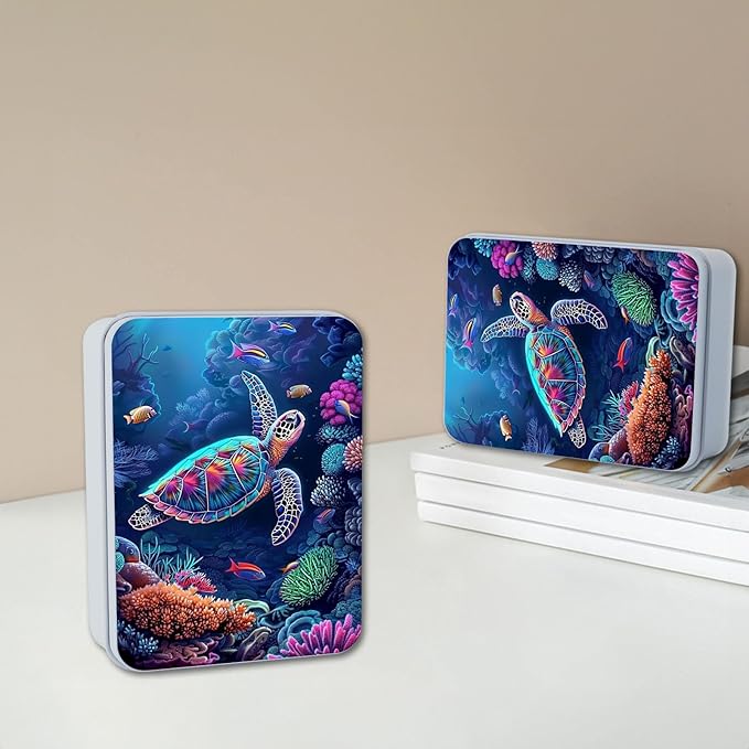 Metal Tin Box with Lid for Game Cards Home Organizer Candles Keys Crafts Storage - Equipped with 4 Magnetic Cord Clips，Sea Turtle
