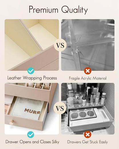 VLANDO Makeup Organizer Countertop,Large Vanity Organizer PU Leather Make up Storage with 4 Drawers Skin care Organizer Cosmetic Display Case for Lipstick,Brushes,Bedroom-Toffee