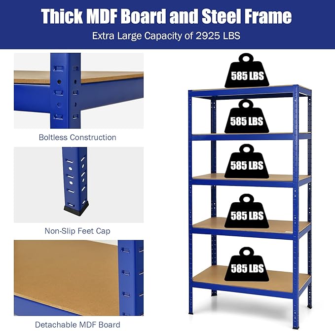 Tangkula 72" Storage Shelves, Heavy Duty Steel Frame 5-Tier Garage Shelf, Metal Multi-Use Storage Shelving Unit for Home/Office/Dormitory/Garage (1, Navy Blue)
