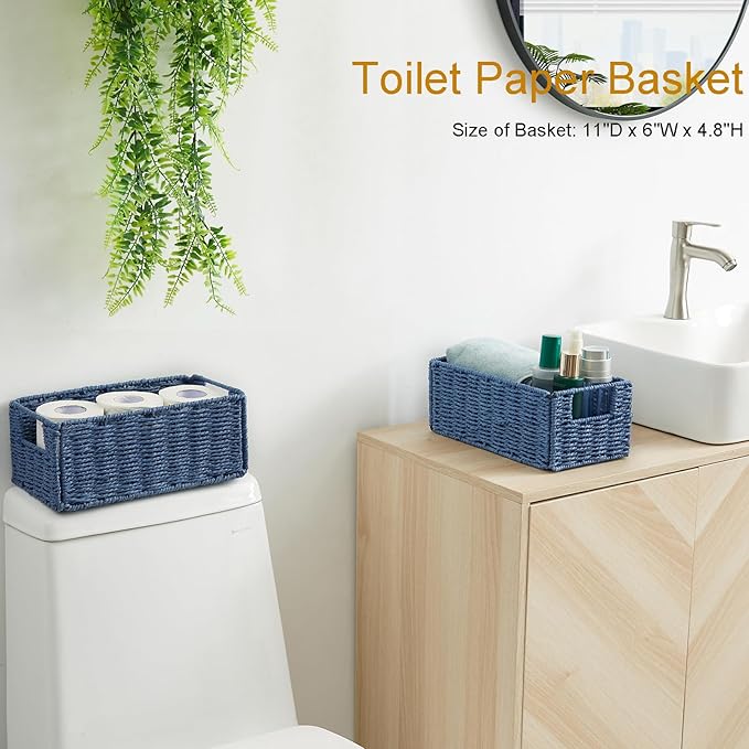 Vagusicc Wicker Storage Basket, Set of 2 Hand-Woven Paper Rope Wicker Basket, Small Storage Baskets for Organizing Toilet Paper Basket, Foldable Large Cube Storage Organizer Bins for Shelves (Blue)