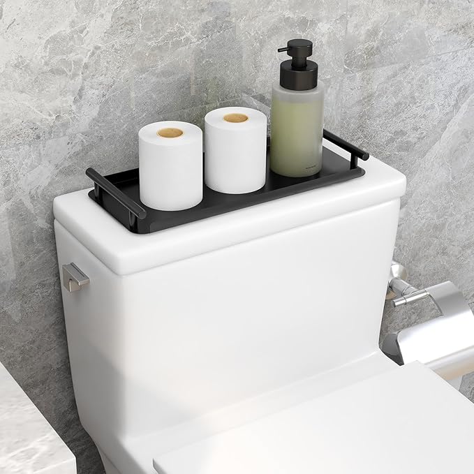 FEILERN Toilet Paper Basket, Stainless Steel Toilet Tank Tray with Handle for Organizing - Toilet Paper Basket Storage for Toilet Tank, Bathroom, Kitchen Counter (Black)