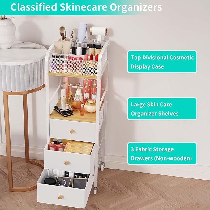 HapiRm Rolling Makeup Cart Organizer - Floor Skincare Make Up Storage with 3 Non-woven Fabric Drawers, Vanity Organizer Cosmetic Display Cases Holder for Skin Care Perfume Nail Polish Brush Hair Tool