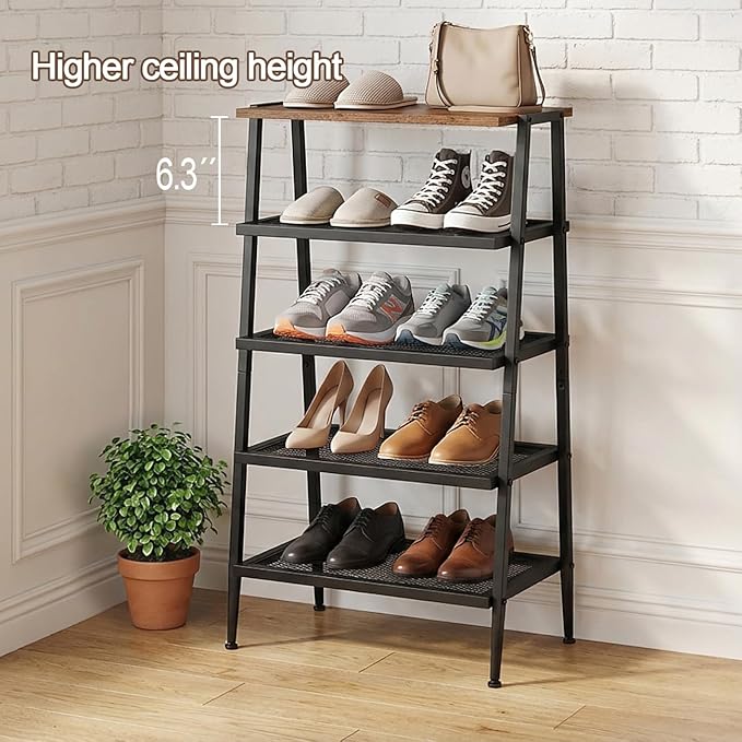 A-Shape Shoe Rack, 5-Tier Heavy-Duty Shoe Organizer with Wooden Top & Mesh Shelves, Space-Saving for Entryway, Bedroom, Hallway(31.97" H, Holds 10 Pairs, Rustic Brown)