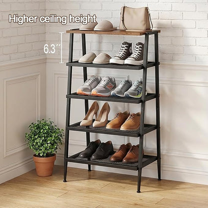 A-Shape Shoe Rack, 5-Tier Heavy-Duty Shoe Organizer with Wooden Top & Mesh Shelves, Space-Saving for Entryway, Bedroom, Hallway(31.97" H, Holds 10 Pairs, Rustic Brown)