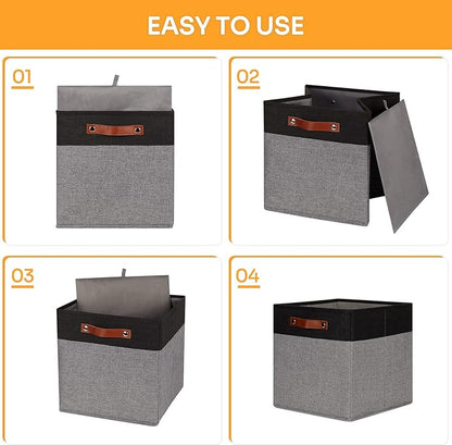 DULLEMELO 13x13 Storage Cubes, Collapsible Sturdy Cube Storage Bins With Handles for Organizing,Fabric Storage Cubes Baskets for Shelves Nursery Closet Home Organization and Storage (Black&Grey)