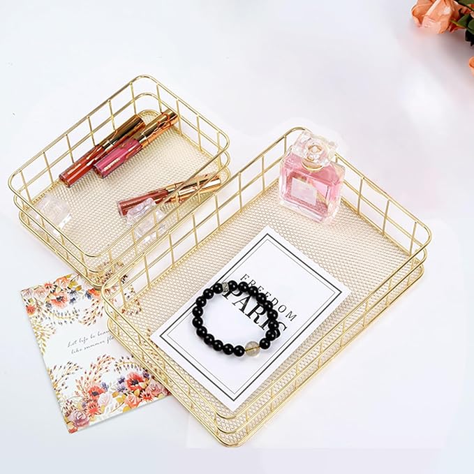 Gold Wire Baskets, 9.6 x 6.5in Metal Storage Basket Desktop Bathroom Sink Counter Toilet Storage Toilet Tank Topper Organizer Tray for Pantry Kitchen