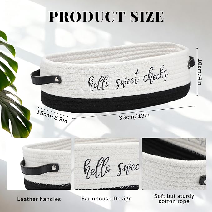 Hello Sweet Cheeks Bathroom Decoration Black and White Cotton Rope Toilet Basket Toilet Paper Holder Basket Rustic Bathroom Organizer Farmhouse Home Decoration Organizing Small Baskets