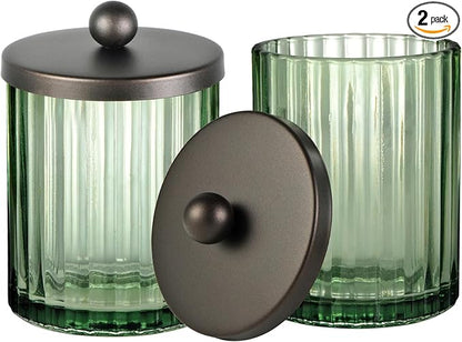 Amolliar Sage Green Glass Apothecary Jar With Metal Lid & Stickers, Bathroom Qtip Holder Dispenser for Cotton Swabs, Balls, Round Pads, Bath Salt, Floss, Countertop Canister Storage, Bronze 2 Pack