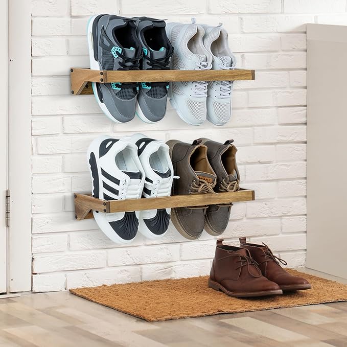 MyGift Set of 4 Premium Acacia Wood Wall Hanging Shoe Rack, Wall Mounted Space Saving Footwear Storage System for Closet, Mudroom, Entryway, Holds 8 Pairs