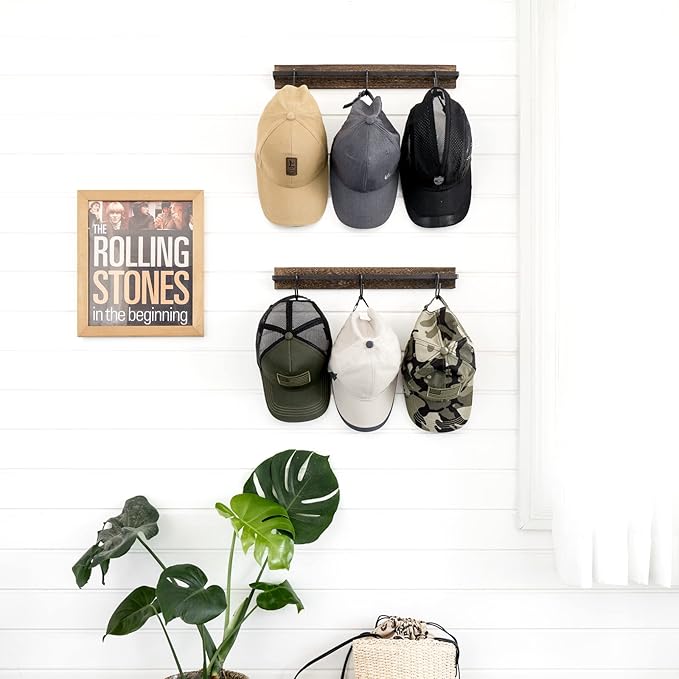Mkono Hat Rack for Wall Wooden Baseball Caps Organizer with 20 Hooks Rustic Cowboy Hanger Mounted Hats Display Closet Bedroom Entryway, Set of 2, Brown