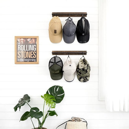 Mkono Hat Rack for Wall Wooden Baseball Caps Organizer with 20 Hooks Rustic Cowboy Hanger Mounted Hats Display Closet Bedroom Entryway, Set of 2, Brown
