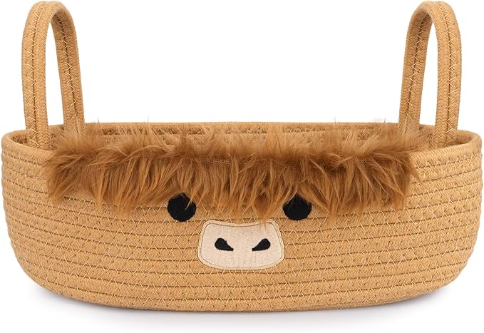 Toilet Highland Cute Cow Paper Basket–Oval Woven Bathroom Organizer Toilet Tank Storage Basket, Decorative Shelves Rope Cotton Bin with Handles, Wedding Empty Towel Paper Holder,13"D x 7.48"H