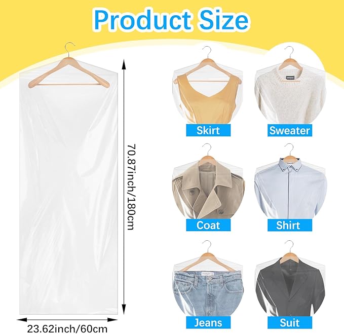 50Pcs Clear Plastic Clothes Covers, 71 Inch Plastic Dry Cleaning Bags for Hanging Clothes, Dust Proof Garment Covers for Long Dresses, Skirts, Coats, Suit Shirts, Jacket