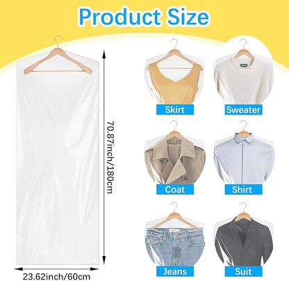 50Pcs Clear Plastic Clothes Covers, 71 Inch Plastic Dry Cleaning Bags for Hanging Clothes, Dust Proof Garment Covers for Long Dresses, Skirts, Coats, Suit Shirts, Jacket