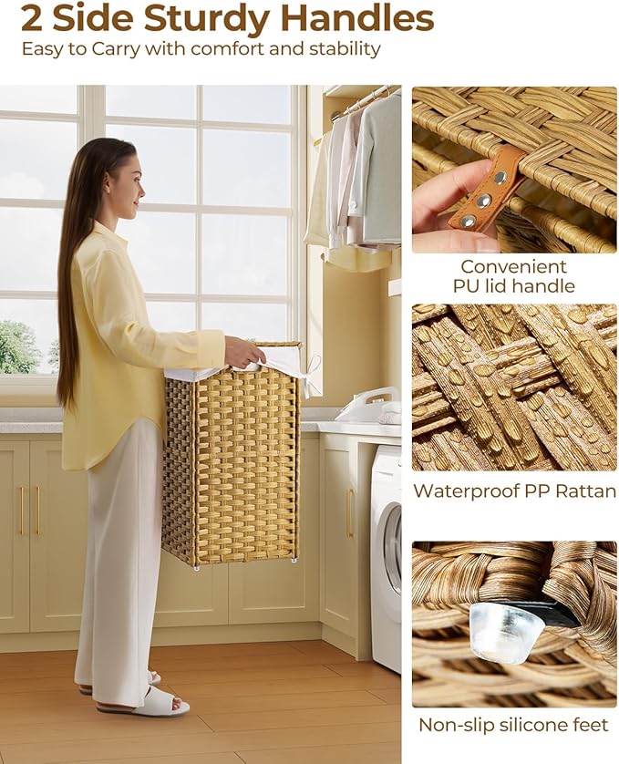 Greenstell Laundry Hamper with Lid, 125L Laundry Basket with 2 Removable Liner Bags & 2 Mesh Bags, Handwoven Synthetic Rattan Clothes Hamper for Clothes, Toys in Bathroom, Bedroom, Foldable, Natural