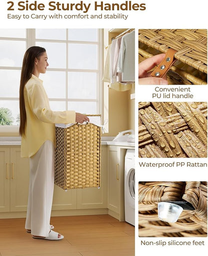 Greenstell Laundry Hamper with Lid, 125L Laundry Basket with 2 Removable Liner Bags & 2 Mesh Bags, Handwoven Synthetic Rattan Clothes Hamper for Clothes, Toys in Bathroom, Bedroom, Foldable, Natural