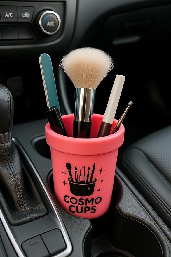 CosmoCups Car Makeup Brush Cup Holder, Decorative Pot Design, Cosmetic Organizer Storage Container for Beauty Tools and Accessories for Cars and Home
