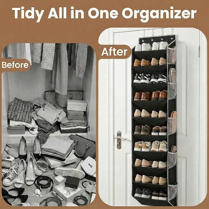 10-Tier Over The Door Organizer with 4 Anti-Scratch Silicone Hooks & 10 Side Pockets, Hanging Shoe Organizer for Closet (20 Pairs), Behind the Door Storage