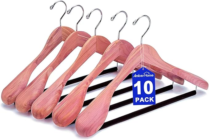 Amber Home 10 Pack Cedar Suit Hangers with Extra Wide Shoulder, Wooden Clothes Hangers for Coats & Jacket, Aromatic Natural Cedar Hangers with Non-Slip Velvet Pant Bar