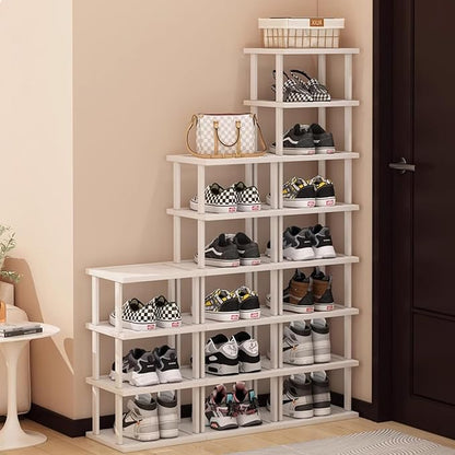 SAN HE Bamboo Shoe Rack 17 Tier- Vertical Shoe Rack for Small Spaces, Tall Narrow Shoe Rack Organizer for Closet Entryway Corner Garage and Bedroom,Skinny Shoe Shelf with Free Stackable DIY
