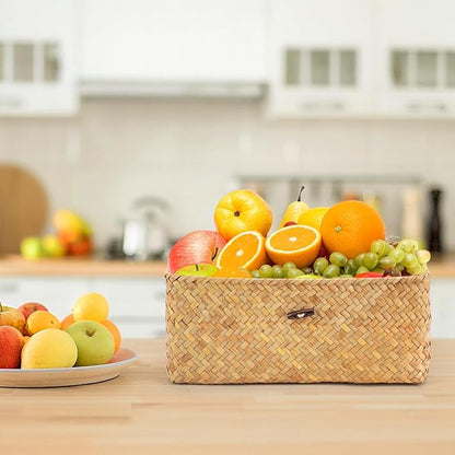3Pcs Wicker Storage Baskets with Lid, Handwoven Seagrass Basket Bins Decorative Storage Rectangular Boxes for Shelves Desktop Home Organizer