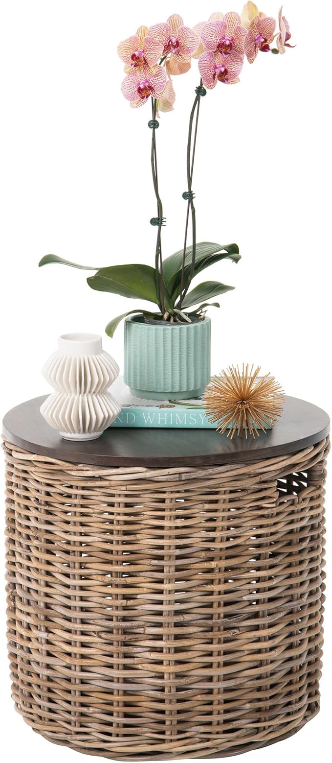 Kouboo Round Rattan Storage Basket with Wood Lid Side or End Table with Hidden Storage for Blankets Pillows & More