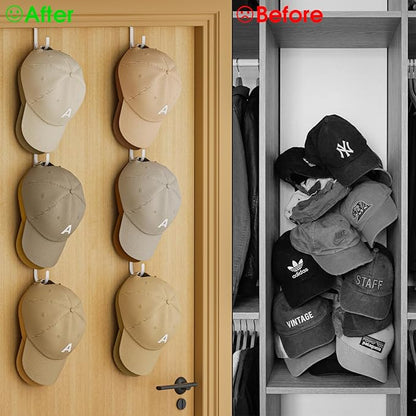 Over Door Hat Rack,2 Pack Hat Organizer with 6 Hooks and 4 Anti-Shake Adhesive Pads,Baseball Hat Organizer Holds Up to 30 Hats, Hat Storage for Door, Bedroom,Closet （White）
