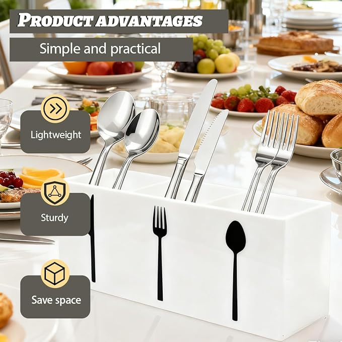 White Acrylic Cutlery Storage Organizer,Plastic Silverware Holder,Silverware Caddy 3 Section Tableware Plastic Holder for Kitchen Storage Indoor Outdoor Decoration Supplies