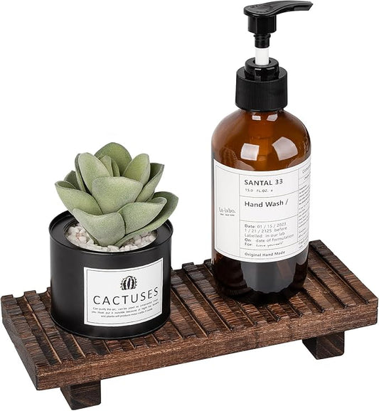 Bathroom Tray Rustic Farmhouse Bathroom Decor Wood Display Stand Riser Kitchen Soap Dish Holder for Vanity, Countertop, Sink, 8.6 * 3.6 Dark Brown