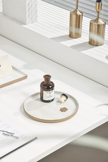Vanity Tray with Brown Trim - Candle & Perfume Holder Organizer - Decorative Round White 8"8" Countertop Tray for Bathroom & Dresser