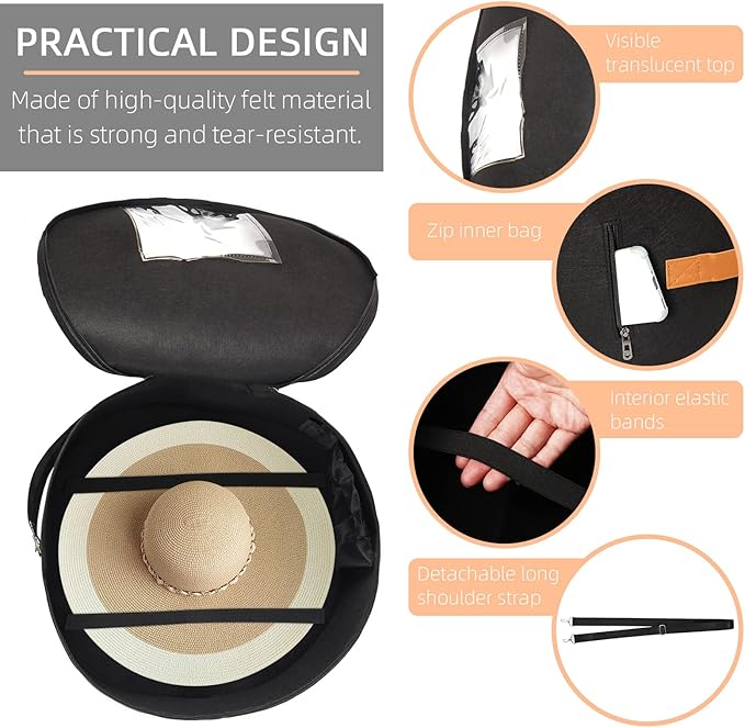 Pehciroe Modern Black Round Hat Box Storage, Portable Felt Travel Hat Boxes with Translucent Dustproof Lid and Shoulder Strap, 16.9" x 8.3" x 8.3"