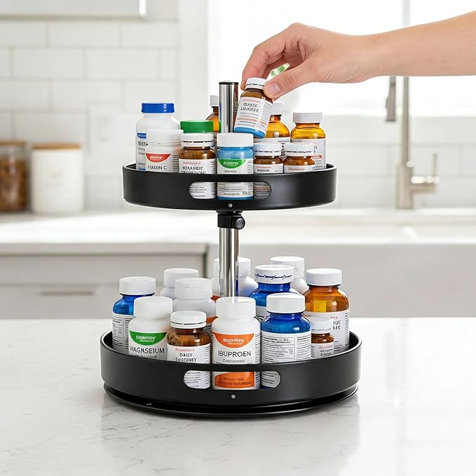 Pill Bottle Organizer,2 Tier Lazy Susan Organizer,360 Degrees Rotating Spice Rack Organizers for Cabinet,Turntable Organization and Storage for Medicine Cabinet Bottle Pantry Countertop, Black