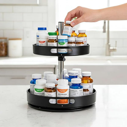 Pill Bottle Organizer,2 Tier Lazy Susan Organizer,360 Degrees Rotating Spice Rack Organizers for Cabinet,Turntable Organization and Storage for Medicine Cabinet Bottle Pantry Countertop, Black