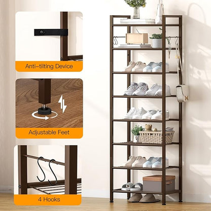 usikey 8 Tiers Narrow Shoe Rack 16-24 Pairs, Sturdy Metal Tall Shoe Rack with 4 Hooks, Slim Shoe Storage Organizer with Metal Shelf, Space Saving Vertical Shoe Shelf for Entryway BronzeUNYXJX016A