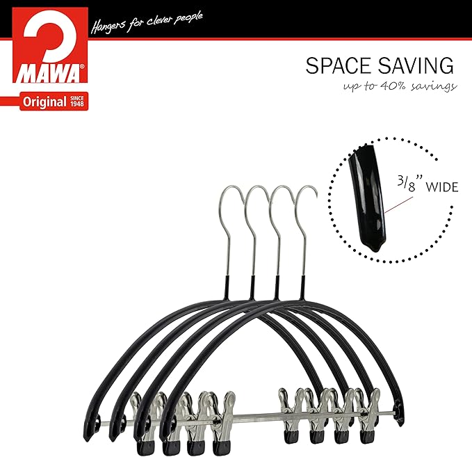 Mawa by Reston Lloyd European Non-Slip Metal Clothing Hanger, Smooth Shoulder Support & Adjustable Pant Clips, Set of 5, Black