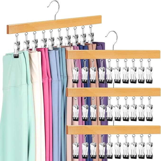 Legging Organizer for Closet, Pants Hangers with Clips Holds 20 Leggings, Jeans, Hats, Shorts, Socks, 360° Rotating Space Saving Hanging Clothes Organizer for Closet Organizers and Storage 4Pcs Wood